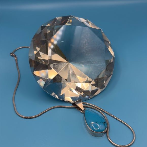 Silver Necklace with Teardrop Turquoise Pendant - Picture 3 of 6